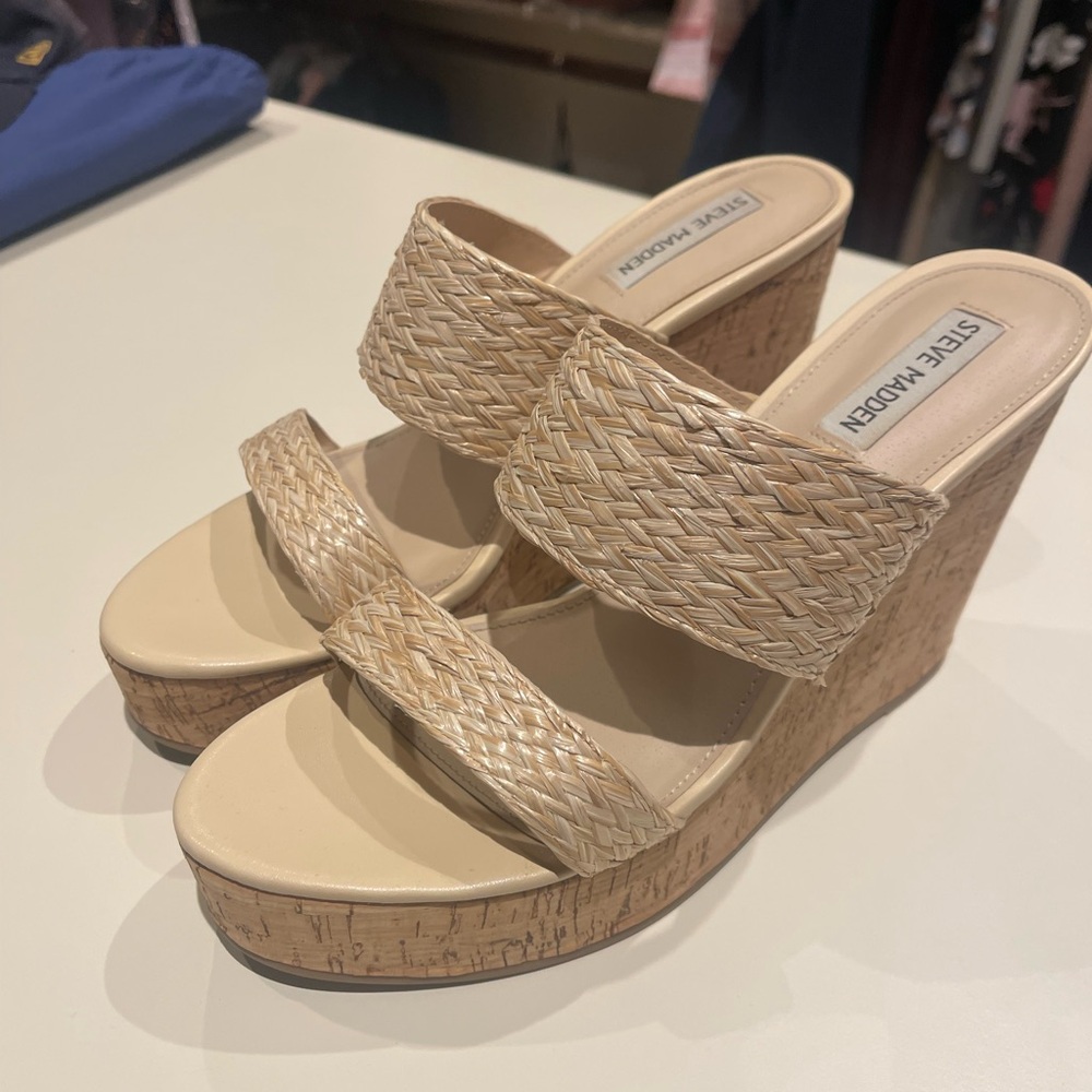 Steve Madden Beige Woven Wedge Sandals